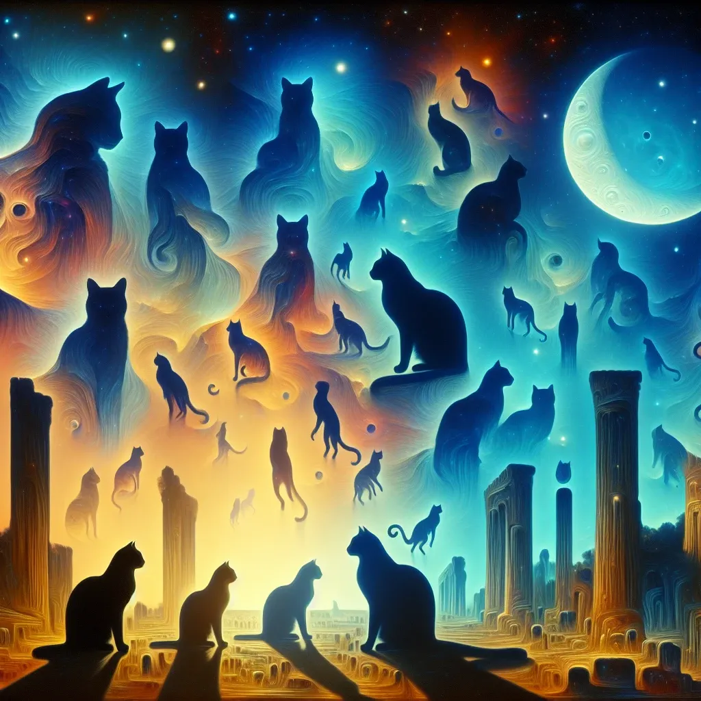 A mystical and enigmatic cat in a dream, symbolizing mystery and deep meaning.