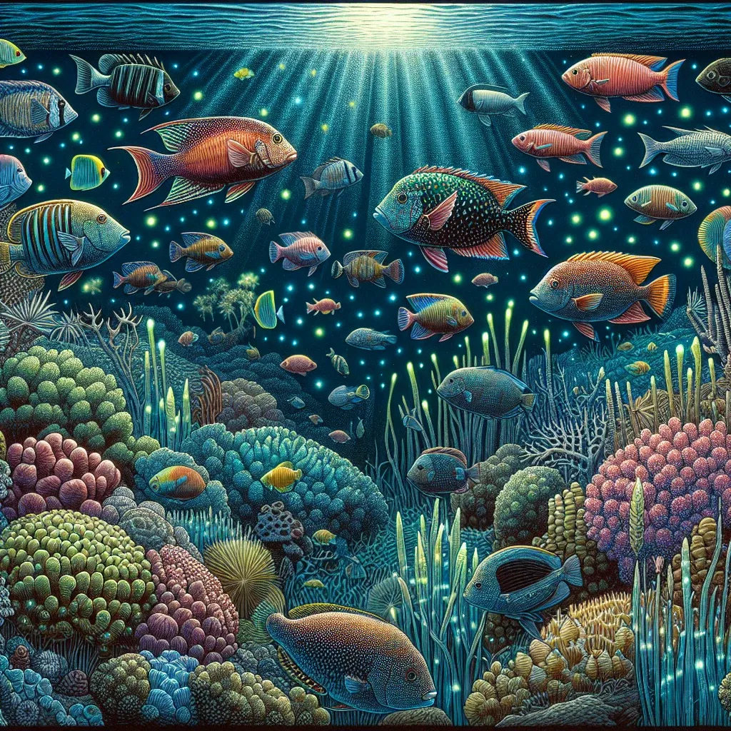 Illustration of fish swimming in a dreamy underwater scene.