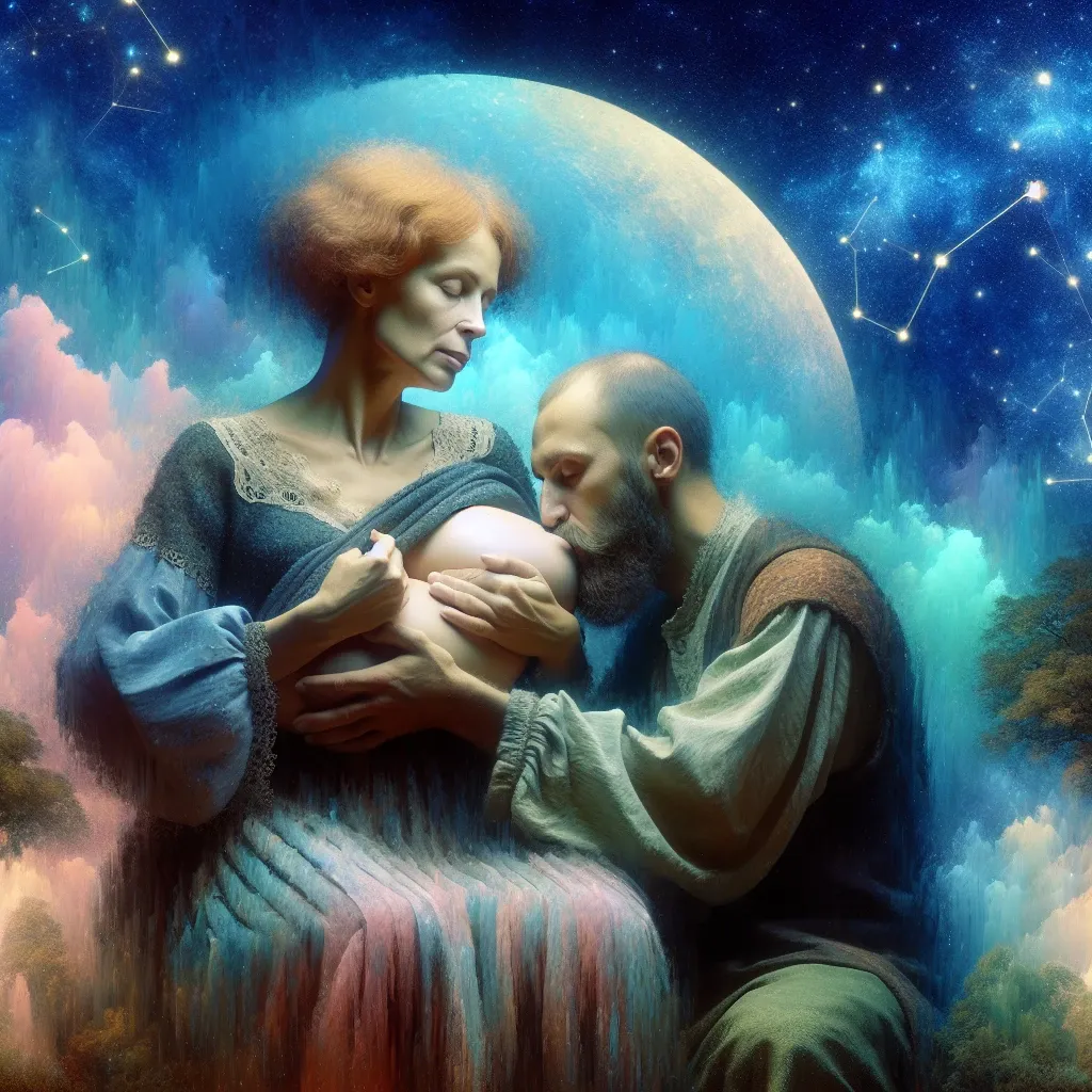 Illustration of the mystical symbolism of breastfeeding a husband in dreams