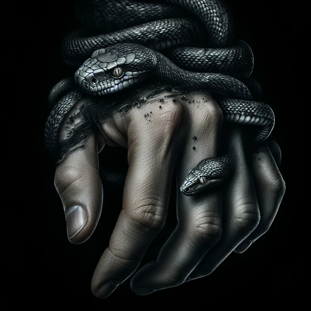 Illustration of a snake biting the left hand in a dream