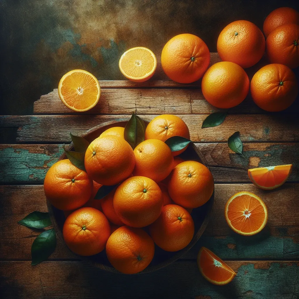 Image of fresh oranges on a wooden table