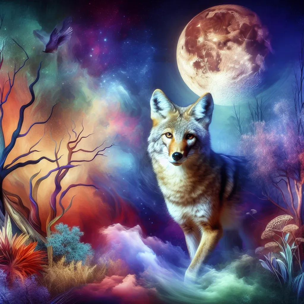 The symbolic representation of a coyote in the mystical realm of dreams.