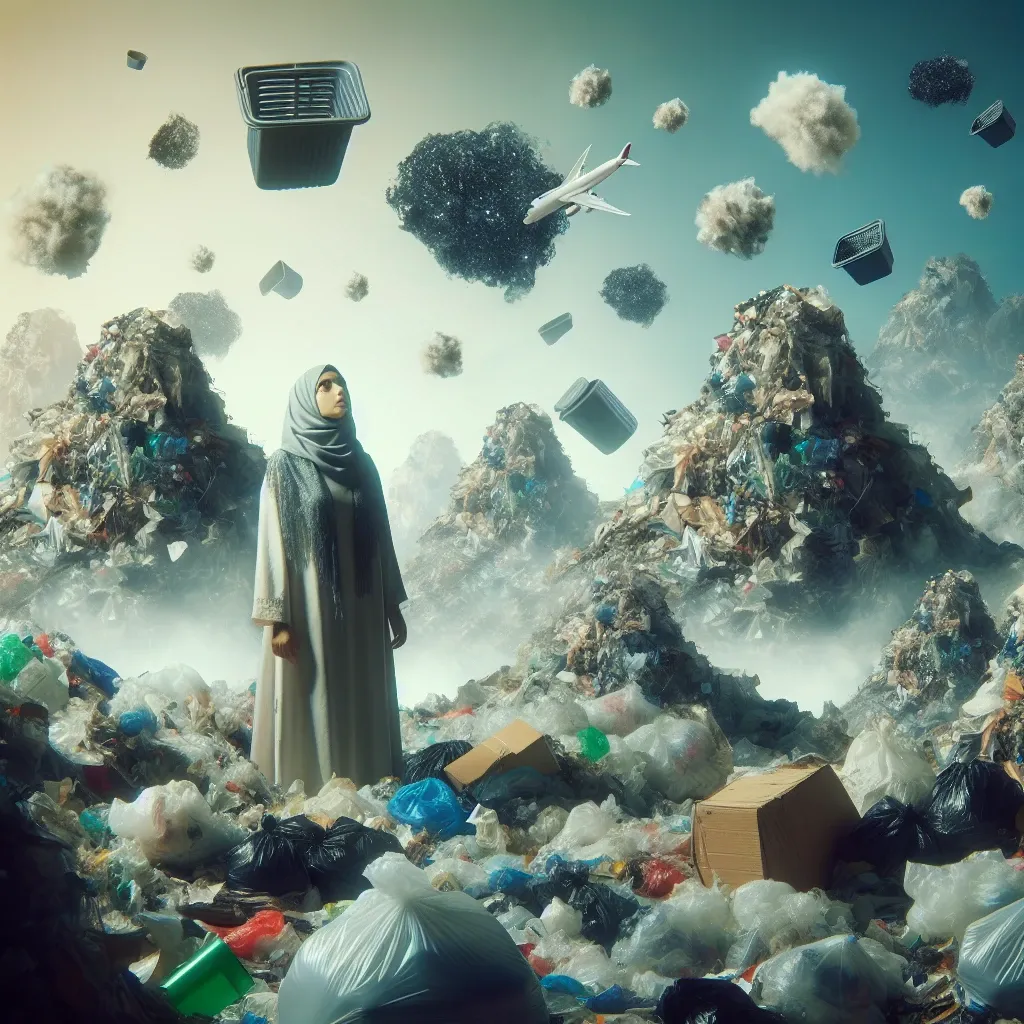 Illustration of a person surrounded by piles of garbage in a dream.
