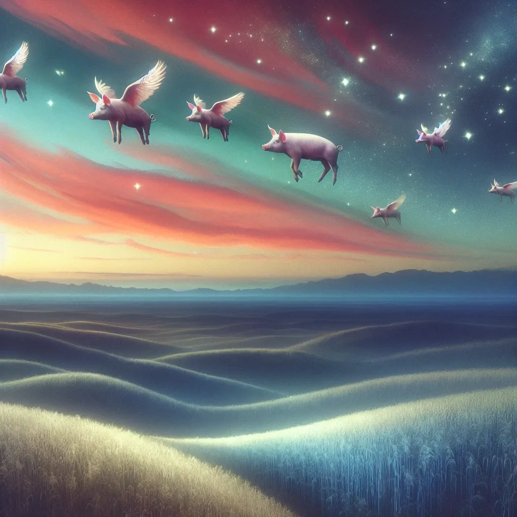Illustration of flying pigs in a dreamy landscape