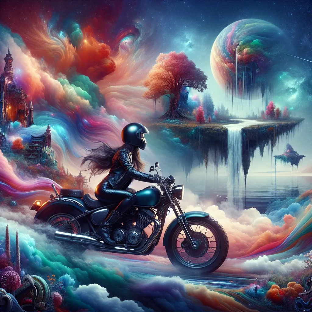 Illustration of a person riding a motorcycle in a dream