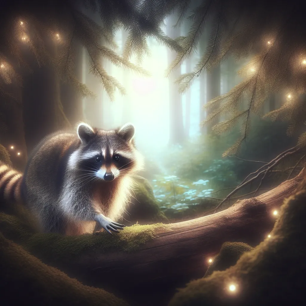 Illustration of a raccoon in a mystical forest