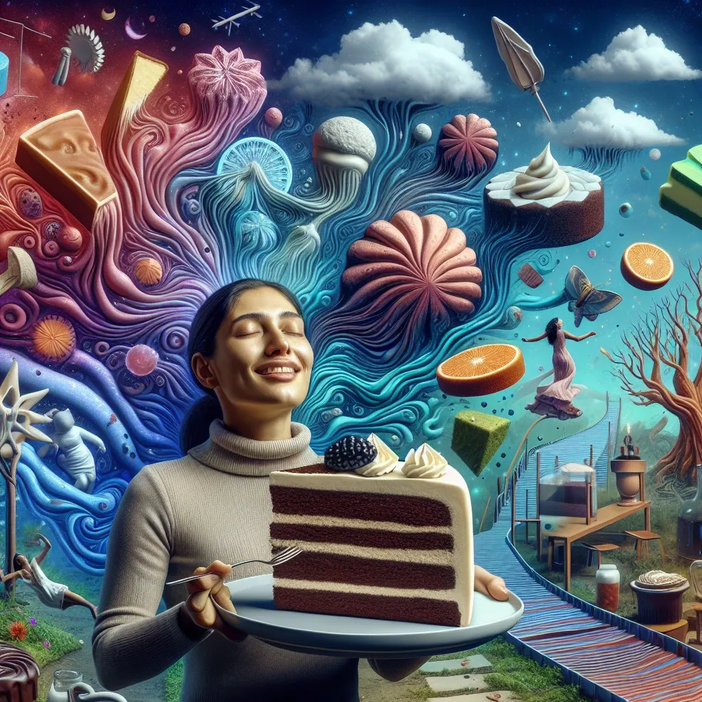 Illustration of a dream with a person eating cake