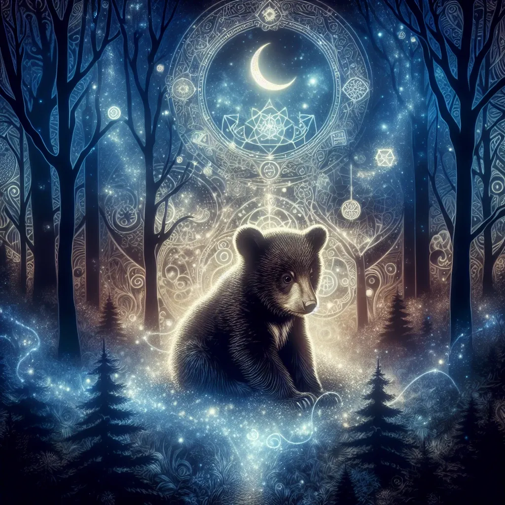 Illustration of a black bear cub in a dream