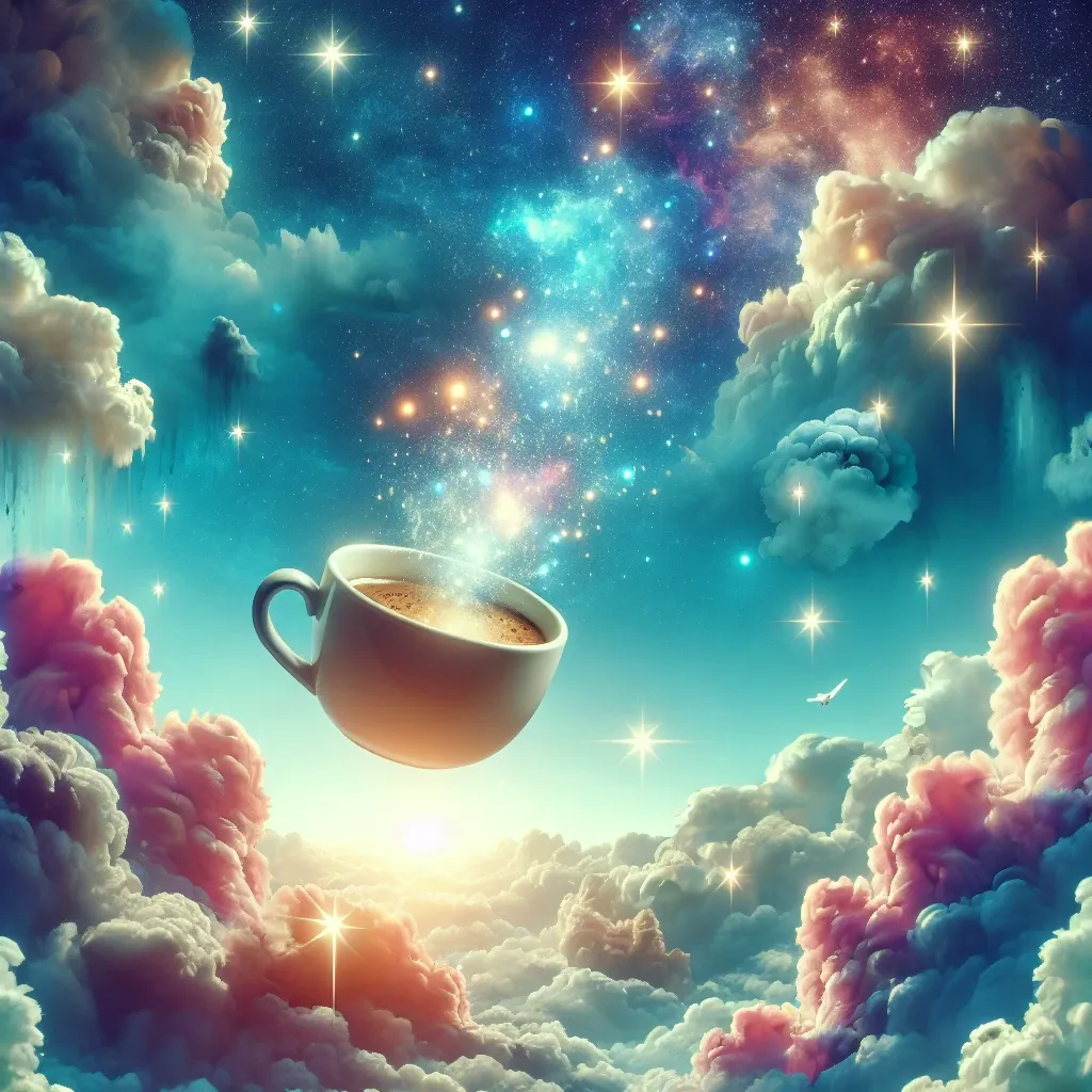 Dreamy image of a coffee cup in the sky