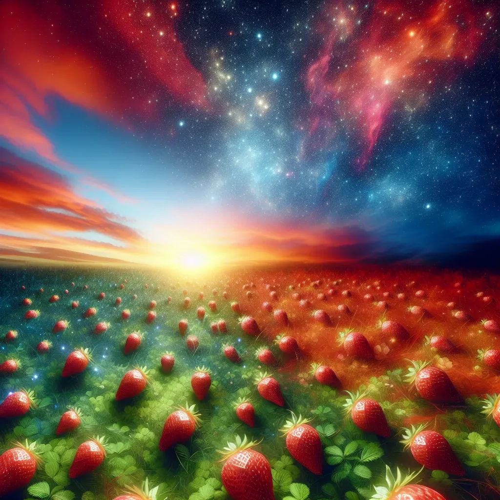 Illustration of strawberries in a dreamy landscape